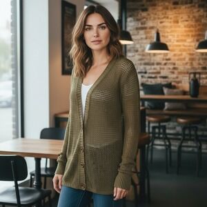 White + Warren Mesh Knit Cardigan Olive Green Button Front Long Sleeve Sweater L